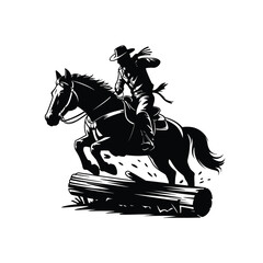 Dynamic cowboy silhouette riding horse jumping over log artwork