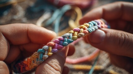 Colorful handmade bracelet creation process on a sunny outdoor day with vibrant threads