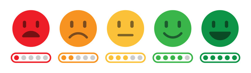 Rating emoji set with progress bar scale for customer feedback vector illustration.