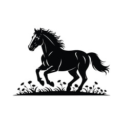 Majestic horse silhouette galloping through a field of flowers