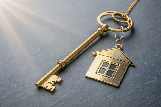 Golden key with house pendant on dark surface symbolizing property, mortgage, security, and real estate investment.