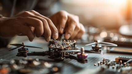Hands work on assembling a drone with electronic components in a well-lit workshop