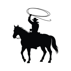 Silhouette of a cowboy riding a horse and swinging a lasso