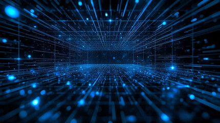 Abstract Blue Data Flow Background with Digital Grid and Glowing Particles Representing Technology and Big Data
