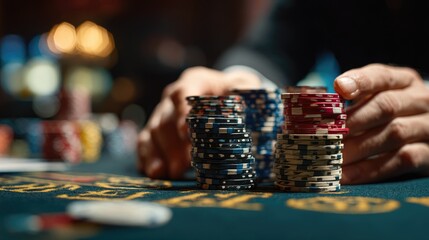 Players examine stacks of poker chips while engaged in an intense card game during a lively casino night in Las Vegas