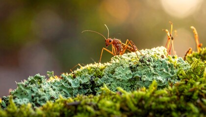 Close-up of a red ant on moss