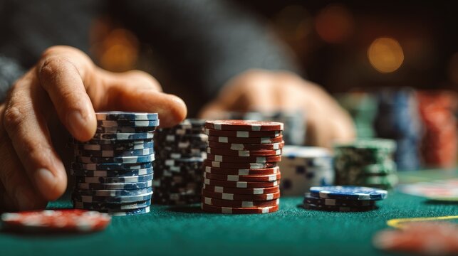 Competitive poker game taking place in a lively casino at night with players focused on their chips and cards