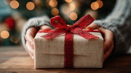 Person holding a wrapped gift with a red ribbon during a festive season celebration at home