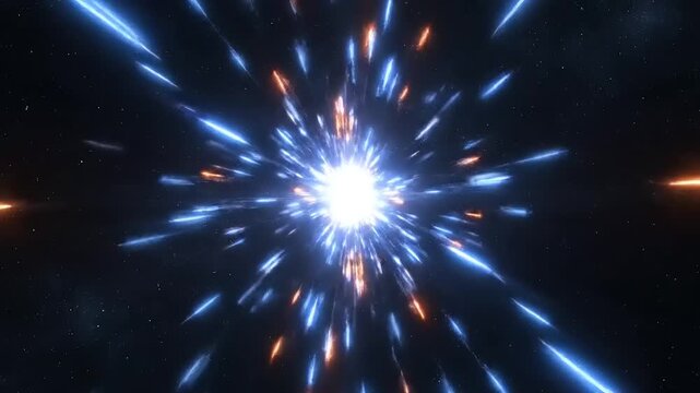 Abstract Hyperspace Jump Animation with Blue and Orange Light Streaks in a Starfield. Futuristic cosmic tunnel effect for warp speed travel background.