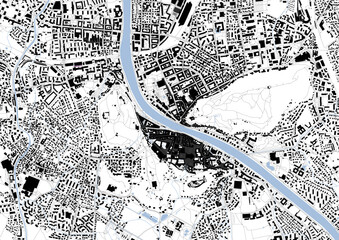 Detailed vector map of Salzburg, Austria — featuring highways, waterways, and building footprints. Perfect for urban design, travel, or editorial projects