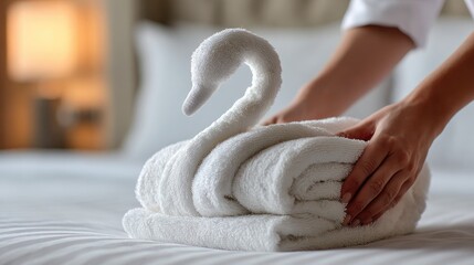 Creative towel folding creates a swan on a neatly made hotel bed, showcasing attention to detail in hospitality during the morning hours