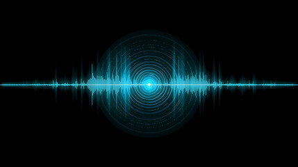 Blue Digital Sound Waveform Visual Representation of Audio Frequency and Data Stream on Black Background in an Abstract Technology Graphic