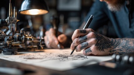 Skilled artist creating detailed drawing at cluttered desk with unique tools in warm, inviting workspace