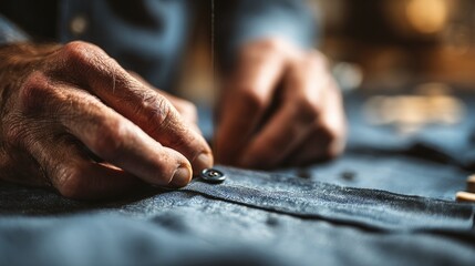 Obraz premium Craftsman sewing a button on a blue shirt in a cozy workshop during the afternoon