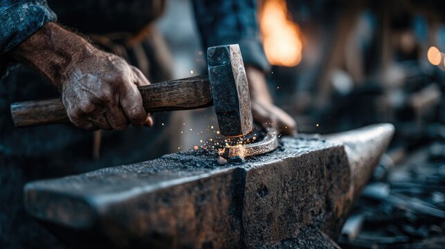 Blacksmith working at forge creating horseshoe with hammer and anvil in a rustic workshop during daylight