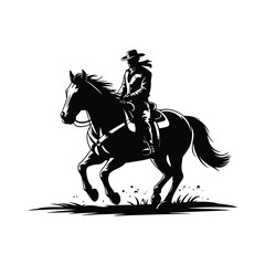 Silhouette of a cowboy riding a horse in a western style scene