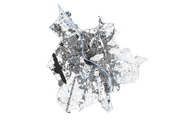 Fototapeta premium A black and white vector map of Salzburg, Austria, highlighting the city's urban grid, highways, buildings, and waterways.