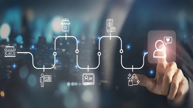 Customer experience journey map concept. Seamless customer experience. A visual representation of the customer journey from product discovery to purchase and engagement, featuring digital icons. 