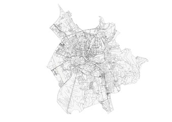 A black and white vector map of Salzburg, Austria, highlighting the city's urban grid, highways, and buildings.
