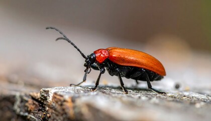 Close-up of a red beetle on a log