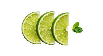 Three perfectly cut vibrant green lime slices fanned out, translucent pulp, condensation, and a fresh mint leaf on a seamless transparent background. Commercial product photography concept