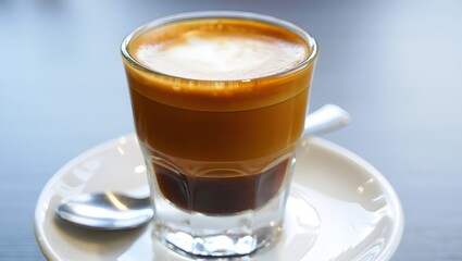 A layered coffee drink with crema in a clear glass on a saucer