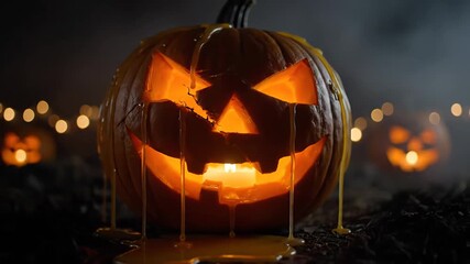 Glowing carved pumpkin with dripping wax and candle light, creating a spooky atmosphere for Halloween celebrations and festive events