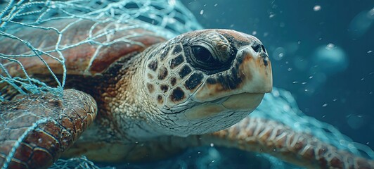 Fototapeta premium Sea Turtle Entangled in Net