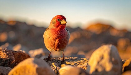 Close-up of a red bird on rocks at sunset