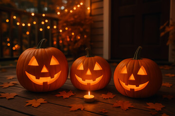 Obraz premium Three large, smiling jack-o'-lanterns and a small lit candle sit on a wooden porch deck scattered with autumn maple leaves next to a house with warm fairy lights halloween