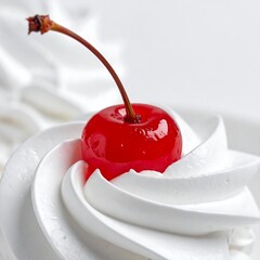 Close-up of a red cherry on whipped cream