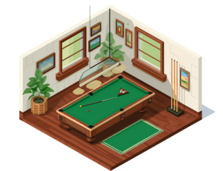 sometric view of a billiard room, vector illustration, simple shapes, flat design, white background