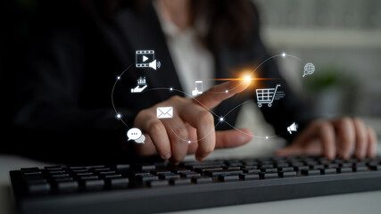 Omnichannel marketing journey showing interaction across media, email, messaging, mobile,...