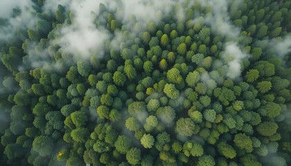 Aerial View of Lush Green Forest with Morning Fog Layer