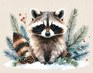 Raccoon in Winter Wonderland is surrounded by pine branches