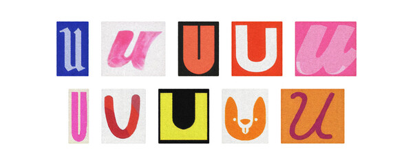 Magazine letter U cutout tiles collage set on transparent PNG
