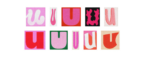 Magazine letter U cutout tiles collage set on transparent PNG
