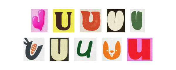 Assorted letter U glyphs, uppercase and lowercase, clear PNG set
