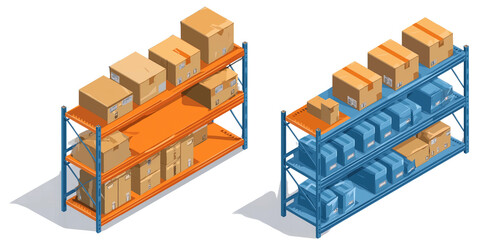 a simple vector graphic depicting two industrial machines, with workers operating inside them and boxes surrounding the exterior, presented in an isometric view against a white background