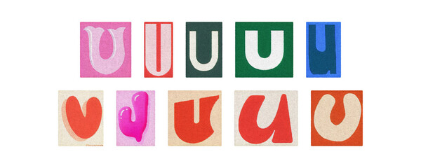 Vintage and modern letter U tiles, magazine collage on transparent PNG
