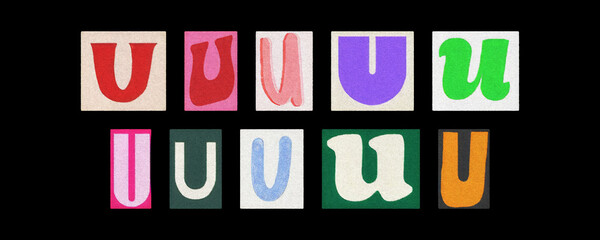 Magazine letter U cutout collage tiles arranged on a black background
