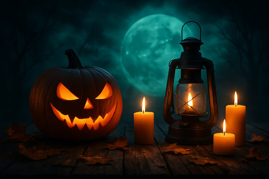 Close up of a scary glowing jack-o'-lantern next to an old-fashioned lantern and lit candles on a wooden table in dark halloween