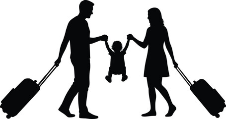 Family travel silhouette, parents lifting child, black vector people, suitcase pullers, joyful motion, airport scene, vacation, luggage, togetherness, trip