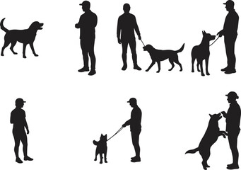 Human dog interaction silhouette set, walking pet, playful pose, leash handling, standing figure, vector art, black shape, isolated