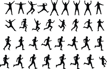 Running silhouettes, expressive poses, human motion, black figures, dynamic movement, athletic stride, celebration gesture, motion study, sports concept, silhouette collection