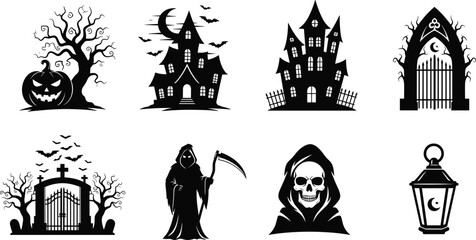 Halloween spooky elements set with haunted houses, grim reaper, gates, jack-o'-lanterns, bats, and ghost in black vector style