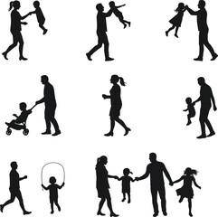 Silhouettes of adults and children interacting, playful parenting moments, joyful gestures, caregiving scenes, family bonding, emotional connection, outdoor activity