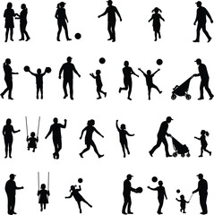 Silhouettes of adults and children playing, family interaction scenes, parenting moments, child development, joyful gestures, everyday activity, bonding, care