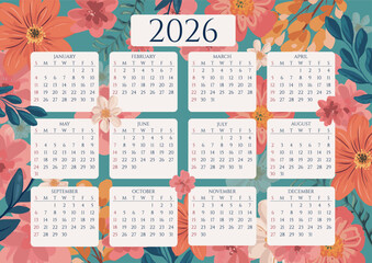 Floral colorful 2026 monthly calendar template for planning and scheduling