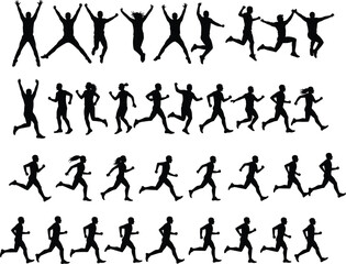 Jumping running walking silhouettes, human motion cycle, black figures, dynamic poses, sports movement, expressive gesture, stride study, animation reference, biomechanics